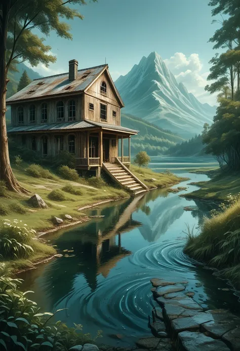 abandoned house by the lake,landscape, water, (8k wallpaper of extremely detailed cg unit), most beautiful works of art in the w...