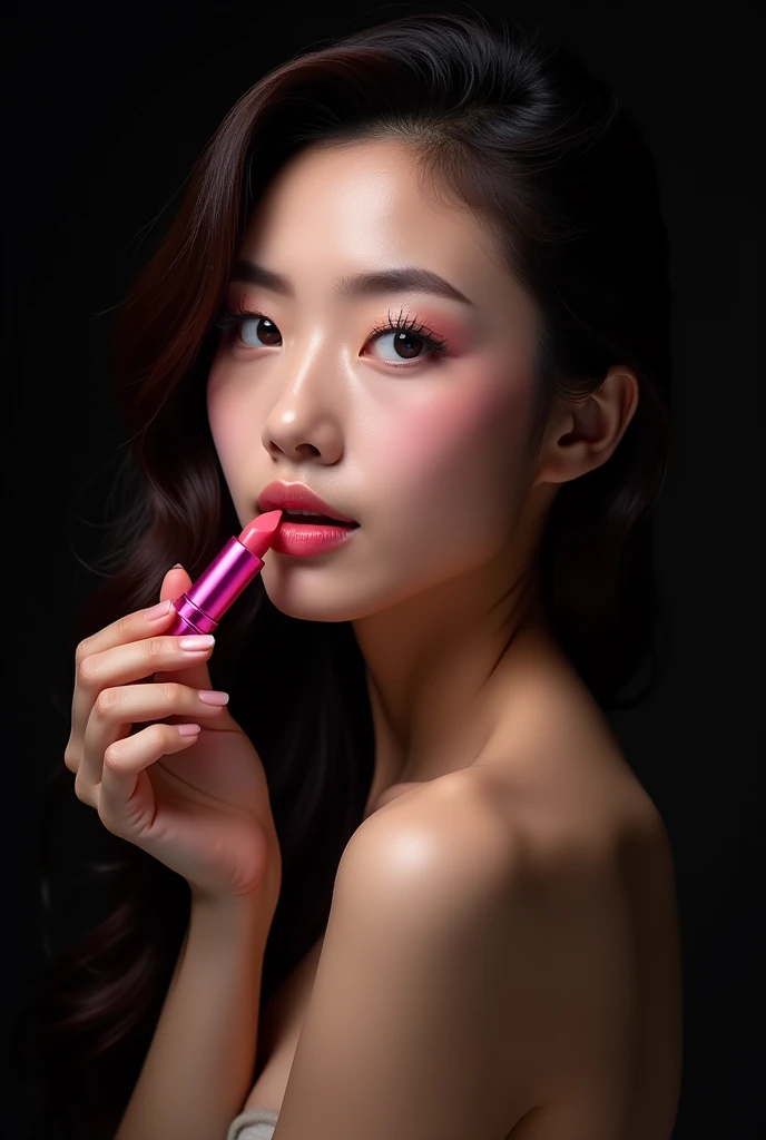 Asian model sexy hold the pink lipstick , background rich black  , hight contrast high-detailed. , iight of studio, zoom focus, 8k advertise photo