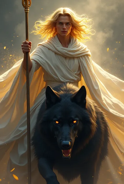 A strong young man with golden hair and a beautiful face with a golden particle and a white cloak and a golden spear riding on a scary black wolf.