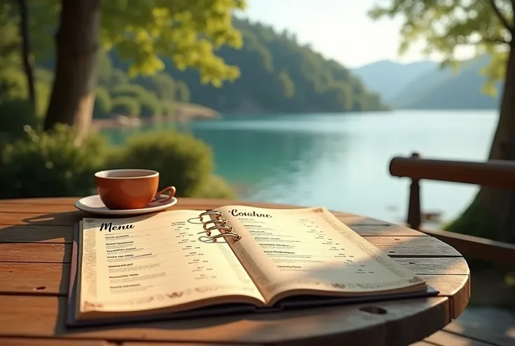 afternoon coffee menu view from the cafe table by the lake.