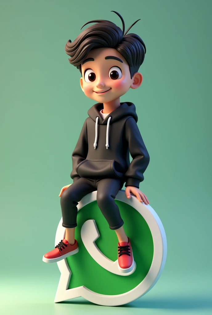 
3D illustration of an animated character of a handsome boy sitting casually on top of a social media logo "whatsapp". The character must wear black hoodie. The background of the character is mockup of his whatsapp profile page with a profile name "Deni He...