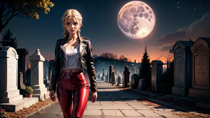 detailed face, Sarah Michelle Gellar as a young girl, with braid, Walking through the cemetery, red leather pants, black leather jacket, white t-shirt, night, fog, full moon