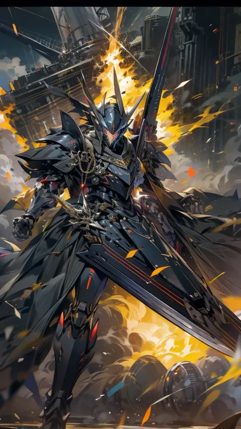 masterpiece, High detail, anime, Jet black coloring,Yellow Line, A humanoid robot transformed from a warship,Black Knight,Armour modelled on Nelson warships,Thunder effect,Giant mechanical two-handed sword,Three warship guns on both shoulders,Character por...