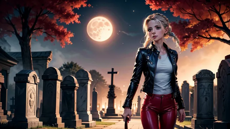 detailed face, Sarah Michelle Gellar as a young girl, with braid, Walking through the cemetery, red leather pants, black leather jacket, white t-shirt, night, fog, full moon