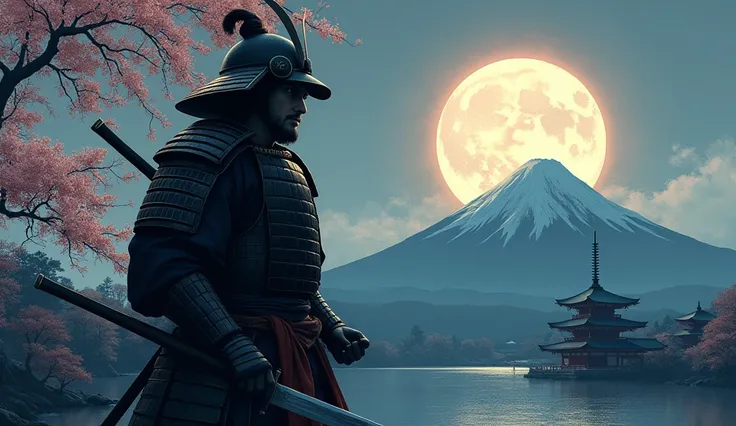 Japan、warrior、samurai、moon、night、knife、armor、Japan国旗、Handwriting、Impressionism, cherry blossoms、Mount Fuji、Kinkakuji Temple