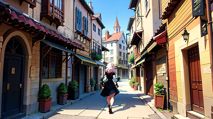 アニメ in the style anime, a woman walking in a medieval fantasy city, cel shading, comics, cartoon, 4k