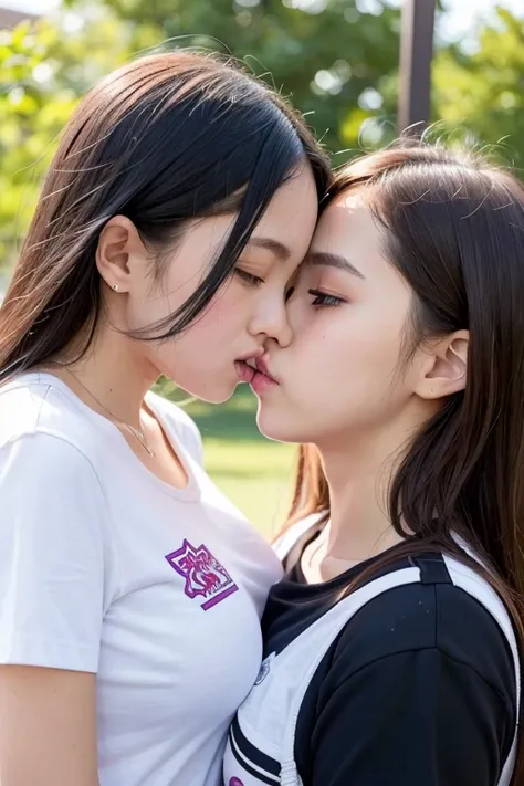 2girls, kiss, confronting, school shirt, top angle view, adhere, close contact, pressed, (close-up:1.2), compression, (symmetrical docking:1.2), breasts dig into breasts