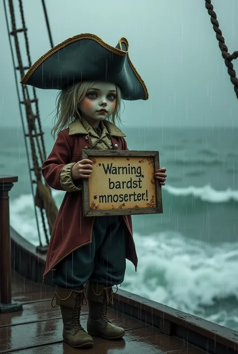 I want art as if it were a doll,a pirate at sea holding a sign beware of the sea,while it rains