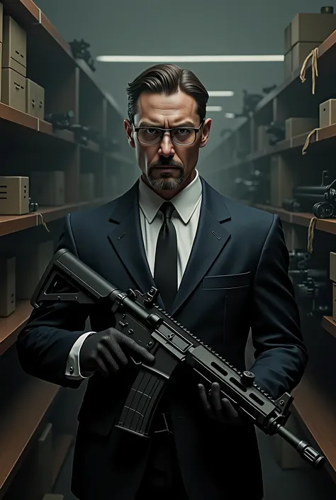 there is a man in a suit and tie holding an assault rifle, neo - noir style, 3 d render character art 8 k, full body portrait, neo noir style, concept art like ernest khalimov, cinematic full character, male character, highly detailed character, full body ...