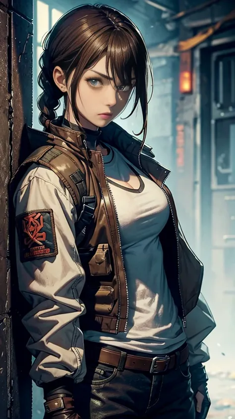 Female warrior bitten by zombie、Tall、Mature、jacket、Bulletproof vest、Gloves、Brown Hair、Braids、Durable clothes、Trained biceps、Torn trousers、Multiple Zombies