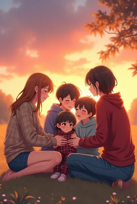 A  Anime boy in plaid Shorts and a Polo short Sleeve shirt with a with his 3 teenage sisters wearing hoodies and Plaid pants and there mother in red sweater and blue jeans, they play outside at sun set