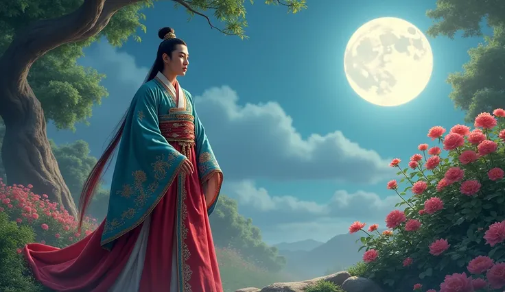 best qualityer, Cao Cao_resolution, distinct_imageio, detailed back ground ,Kizi, Hanboks,flowers,Garden,moonligh, natta,dutch angle, wide plan, tails,  