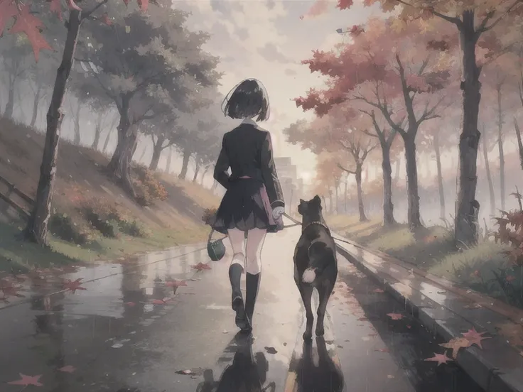 ((Best Quality)),((masterpiece)),(detailed),Landscape with a walking girl,She is walking in the same direction as a dog.,Tree-lined street after the rain,Alphabet composition,Falling autumn leaves,Very Wide Shot,Short Bob,Slender,Autumn uniform,Rear view,H...