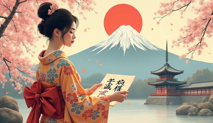 Japan、kimono、woman、noon、Japan国旗、Handwriting、Impressionism, cherry blossoms、Mount Fuji、Temple