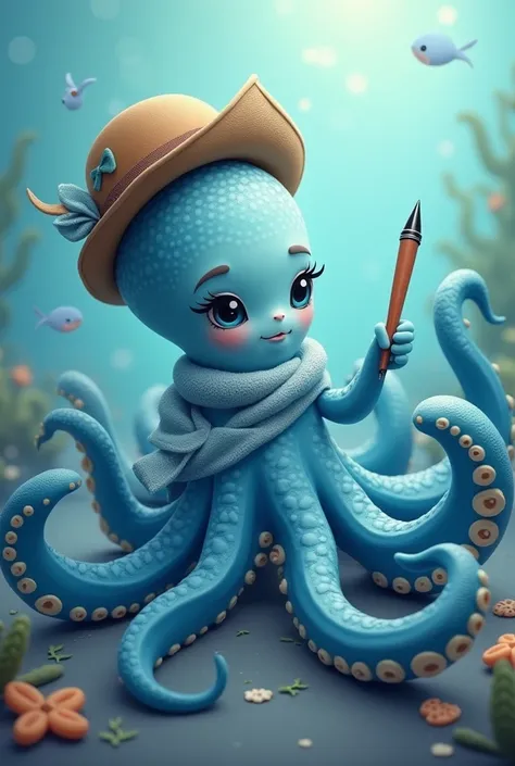 Sea octopus、Blue Tentacles、Artist&#39;s hat、Holding a pen、Gentle expression、Unique pattern、Relaxed pose、Light blue scarf、Soft contours suitable for costumes