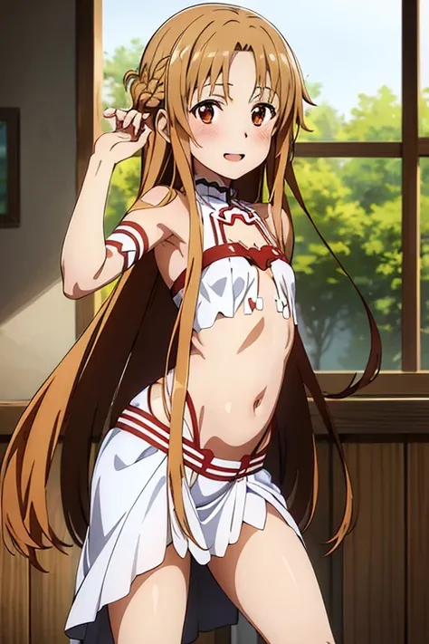 ((Best Quality)), ((masterpiece)), (be familiar with), Perfect Face, indoor, bedroom, Watching the audience,
One woman, Yuuki Asuna,
Open Mouth, Ecstatic expression, blush, smile,
Small breasts, Flat Chest, , , child, Girl,
Long Hair, Long Hair,
Leg spread...