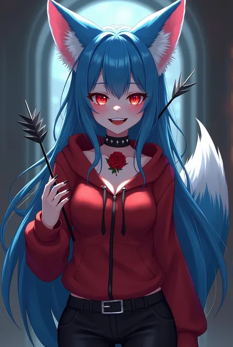 (adult:1.2), (fox female:1.2), (solo:1.1), (red eyes), (long blue hair:0.9), (big fluffy blue fenek ears, tail:1.1),  (black arrows, black nail:1.05), (black spiked choker:1.05), (red hoodie , black trousers:1.15),  (red rose tattoo on neck:1.2), (medium b...