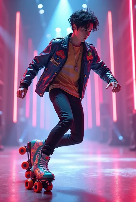 A boy idol wearing roller skates