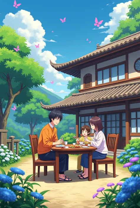 A beautiful anime house and a family sitting around the table and eating breakfast.With a cat and a beautiful green garden and blue and purple butterflies. rainbow colors