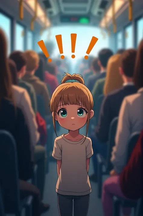 A crowded bus, a girl with blue big eyes, light brown ponytail hair, standing looking at the floor, the crowd should be blurry, that girl is feeling uncomfortable, three exclamation mark on the head.