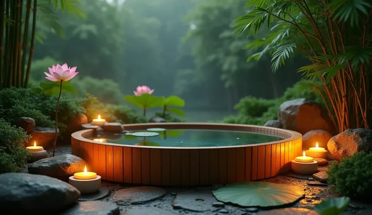 Design a private garden scene featuring a bamboo bathtub surrounded by fresh lotus flowers and small scented candles. The candles are placed on stone pedestals around the tub, their flickering light reflecting off the water. Low bamboo plants and blooming ...