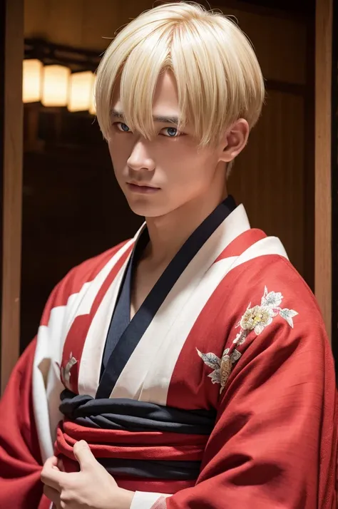 A man with red eyes and blonde hair wearing a kimono