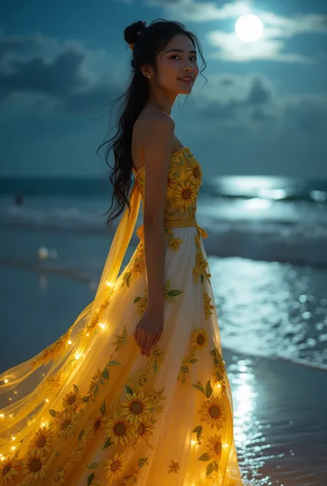 Beautiful Thai woman, sharp face, beautiful smile, long hair tied in a bun, looking at the camera, wearing a long yellow and white dress, the long tail of the dress also has golden sunflowers with green stems and leaf patterns, embossed in fantasy colors. ...