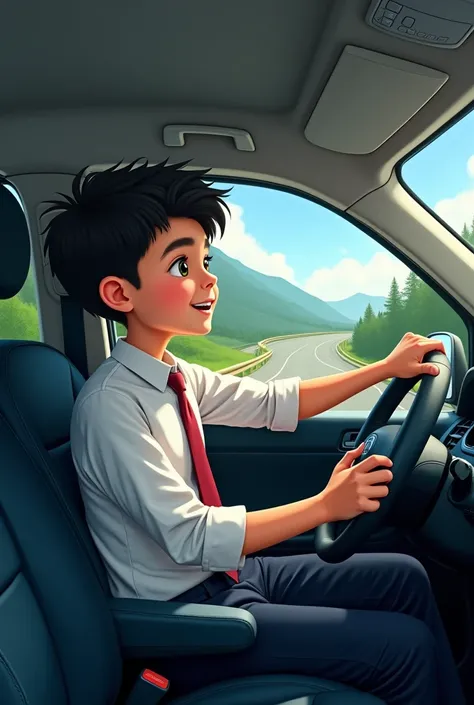 A formal boy sit in ertiga car on highway with its make friend enjoying