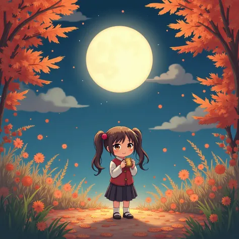 full moon　Illumination of autumn leaves　Cute girl with twin tails　smile　Tsukimi dango