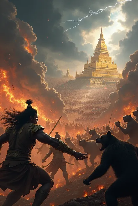 "A chaotic battlefield scene with warriors clashing. On one side, Lord Ramas army of monkeys and bears led by Hanuman, and on the other side, Ravanas demon army. In the background, the golden city of Lanka is visible on a hill, while the sky is filled with...