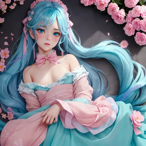 handsome boy, High resolution, blush, dark blue and some aqua hair, masterpiece, best quality, detail, Tempting, Pink gradient colored eyes, Eyes have light spots, ribbon, love hairpin, Transparent white gauze, sweat, flower, rainbow, Audai, Sexy, Wolf Tai...