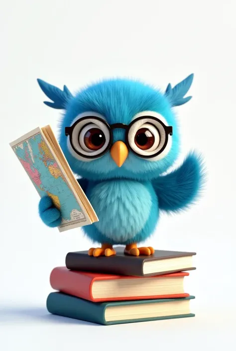 Disney pixar 3d image of a cute owl with blue feathers, with glasses, holding world map in his hands standing on top of 3 books, scenery on white background