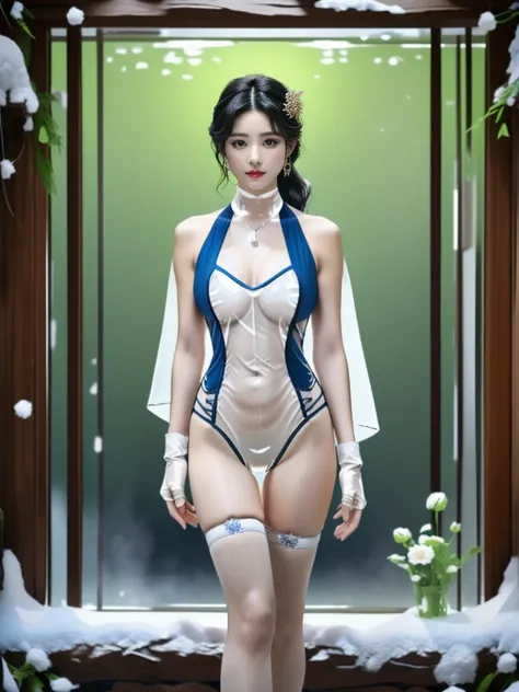 一个有着美丽脸庞的Sexy中国华裔女孩, Wear a transparent men&#39;s shirt, 内搭Sexy蕾丝内衣,
(((night, Doomsday ruins, Spring Flowers, Indoor hot spring, snow, Flowers all over the ground))), 
((8K Ultra HD, 8K, Ultra-high resolution, Best quality, Super Fine, Clear focus. Master...