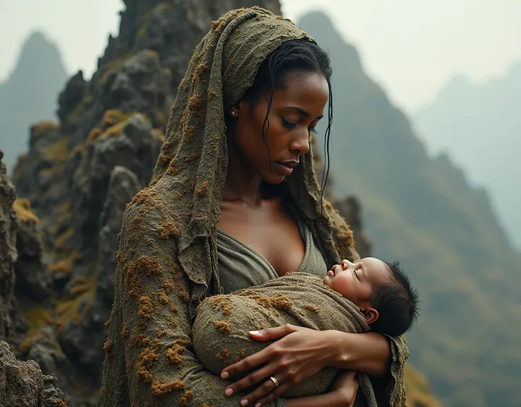 (YES SFW), A brown-skinned woman finds herself fused with a mountain, creating a surreal and emotional scene. The woman, covered with a multicolored mantle of the earth, cries copiously while holding a newborn baby in her arms.