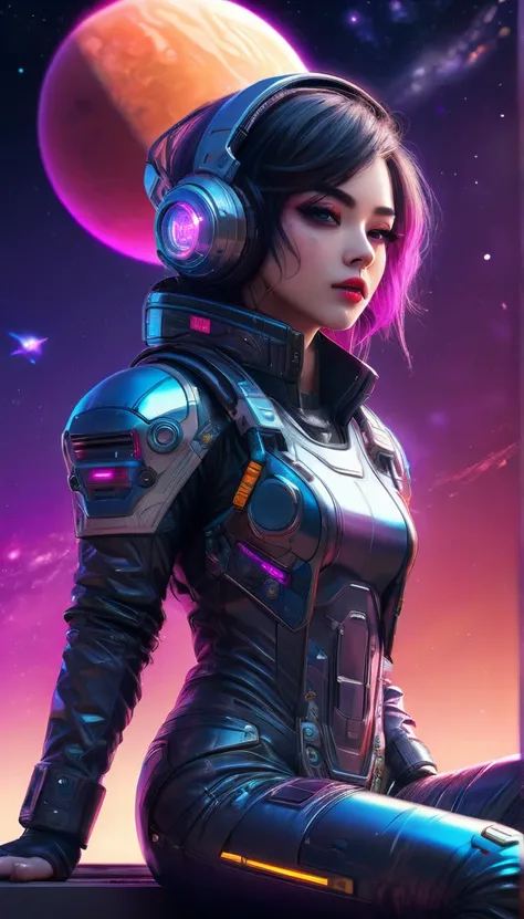 a cyberpunk space cowboy sitting on the ground, looking at the planets in the distance, beautiful detailed eyes,beautiful detailed lips,extremely detailed eyes and face,longeyelashes, high tech space suit, futuristic cyberpunk, floating in zero gravity, ak...