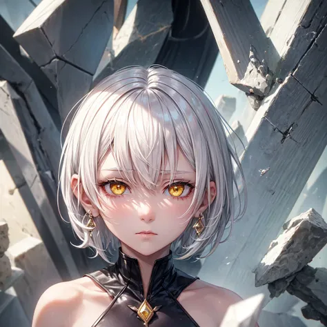 1 girl,  white hair, earrings, yellow eyes,short hair, Diamond-shaped pupils, Empty eyes, Stone Face, Fatigue, Doubt, Absent-mindedness, 