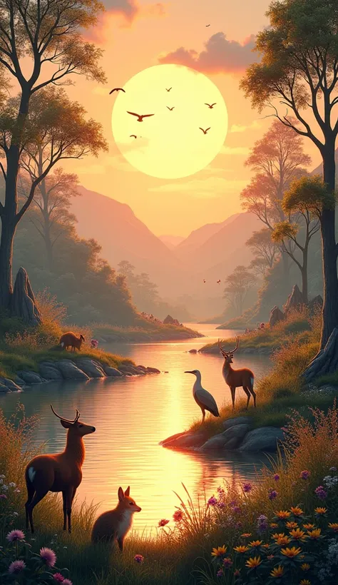 Generate an image of a beautiful sunrise with a landscape containing birds and animals on the banks of a river