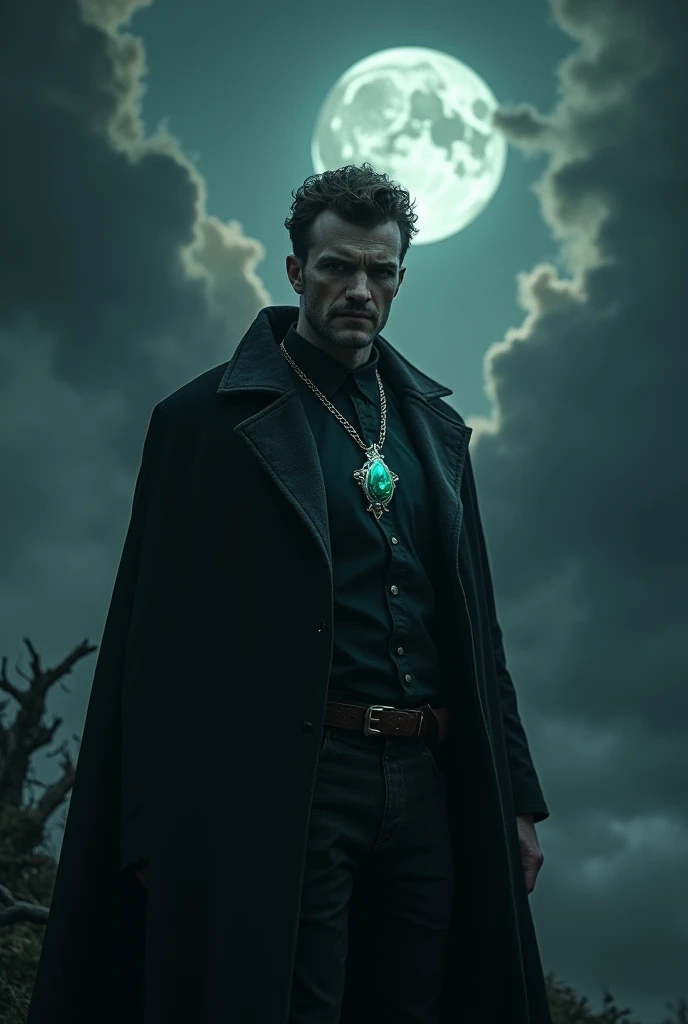 A man wearing black tourmaline pendant in his neck and he standing in background of dark evil in dark night 