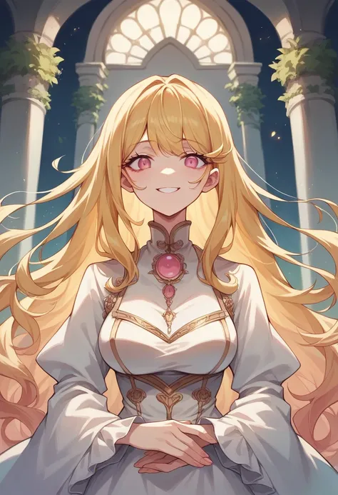 Anime woman,long yellow hair,sharp pink eyes,High resolution, unique, long hair, looking at the viewer, I smile, Simple background, Labor fees, Anatomy is correct, precise, Best quality,  In a palace garden, at night