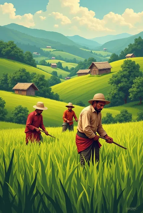 Vecor illustration of  Bangladeshi farmers working in Field. Bangladeshi rural Aesthetic. Village scenario, vintage feel.High quality vector illustration. Oil painting aesthetic,HD  painting like textures,Oil painting type art. Highly intricate and sophist...