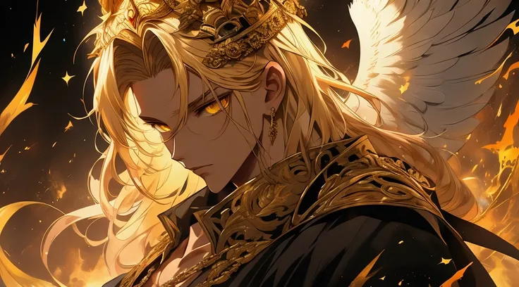 Male angel with blond hair, two horns on the forehead, yellow eyes, torn black clothes, blood angel, four elements flying around, divine crown, male character ((JUST A CHARACTER), teenage traits