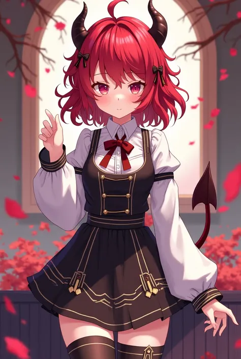 A red haired boy with a feminine face, he has middle short hair and cute black and white clothes, he has a collar and two horns.
He is wearing thigh highs
Original character
Detailed clothes and face
Teen
One person
Beautiful background
Cute Anime
Anime st...