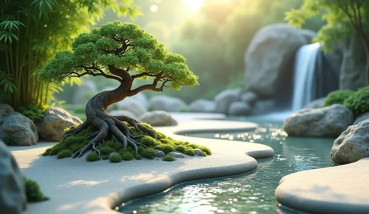 Design a tranquil Japanese Zen garden scene where raked white sand forms intricate wave patterns around clusters of smooth stones stacked in balanced formations. Place a small, ancient bonsai tree with twisted branches at the center, surrounded by patches ...