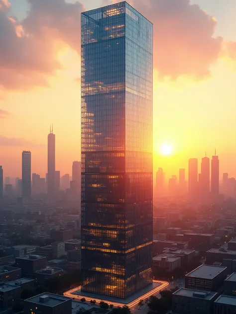 Glass tower with offices and the rising sun in the background