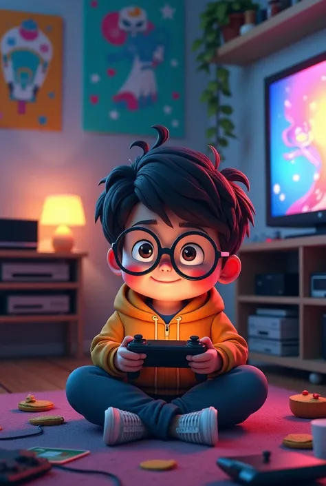 A chubby boy with glasses who loves games