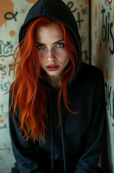 Hyper smooth realistic detail photography of joker woman with knee long red hair, wearing black hoodie. Back ground wall with many writing. With ultra hd final result