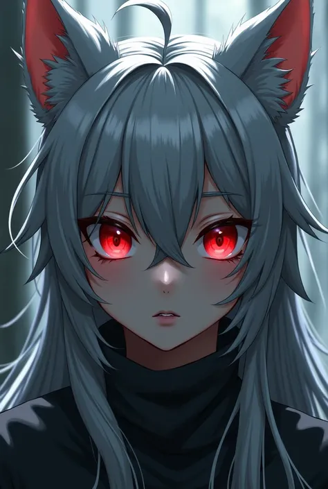 high resolution, red eyes, gray hair with wolf ears, anime