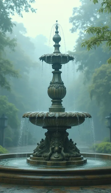 Double exposure. Conceptual art. 16K. UHD. High quality, photorealism. Thematic background. Isaac Levitan. Fairytale fountain in the park. Fog. fantasy. Mysticism. Stunning full color design, sharp focus, studio shot, intricate details, high detail, detail...