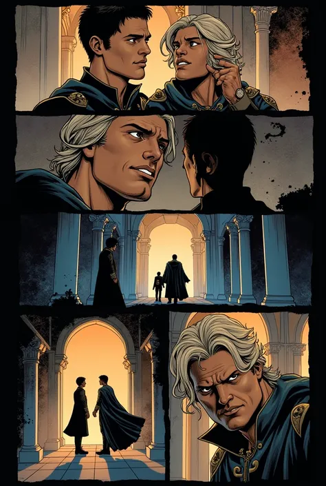 Make me a comic book with one page and in the first panel shows a two prince, then in the second panel shows that the other prince order the kingdom to not talk to his younger brother, and also in third panel shows the other prince left the kingdom, in add...