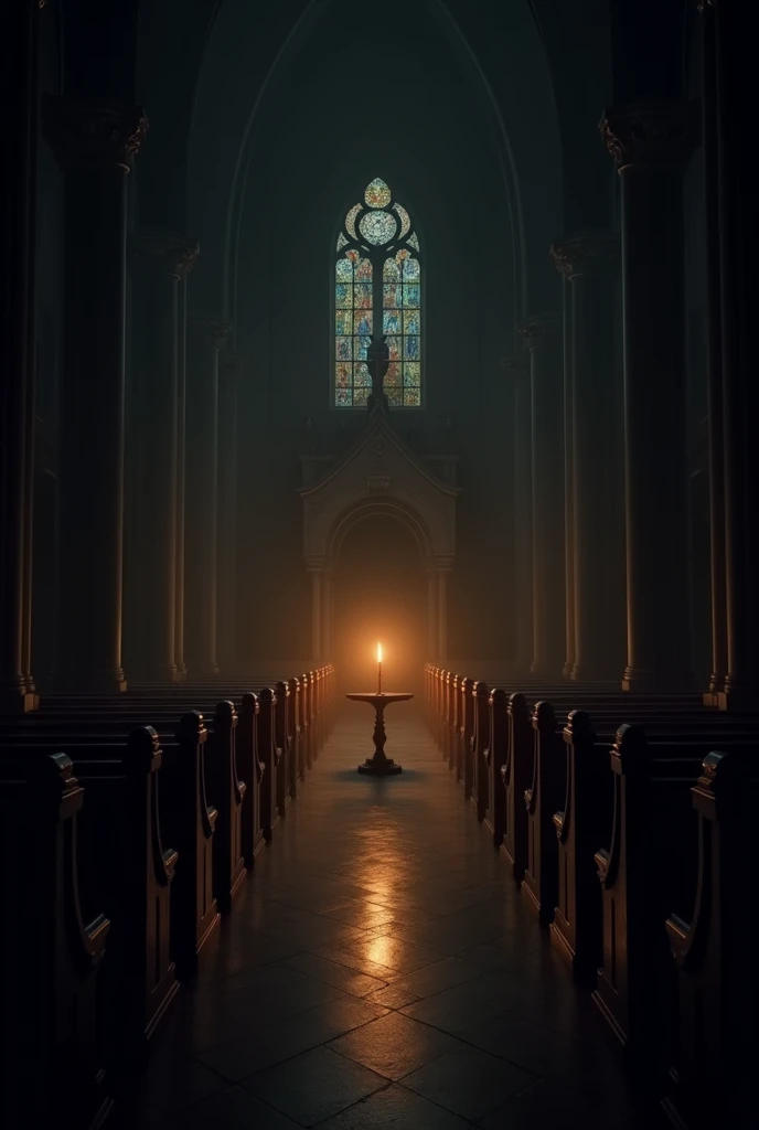 the interior of a church, dark, briefly a candle burning and illuminating 